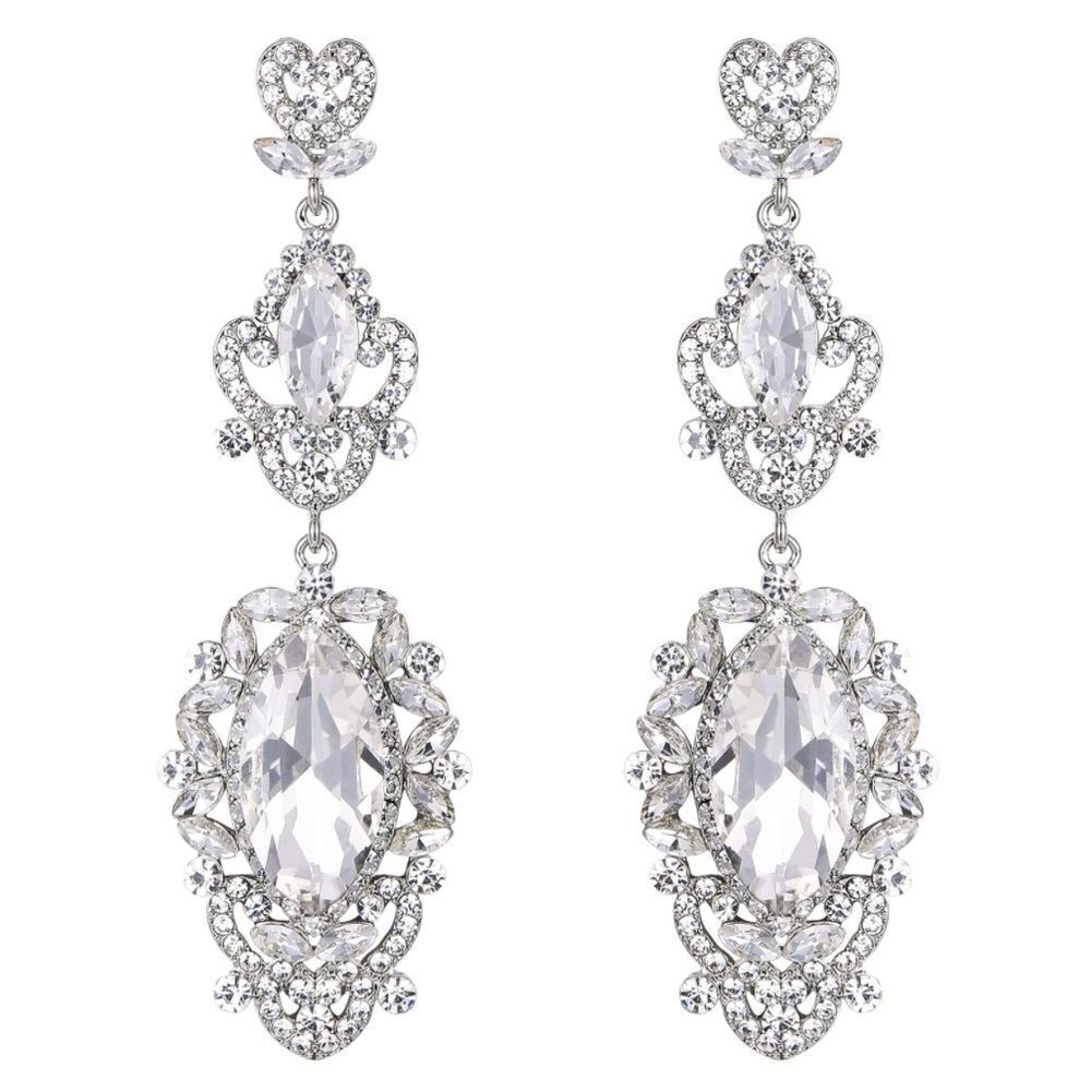 Silver with White Diamond Crystal Art Deco Vintage Style Chandelier Earrings